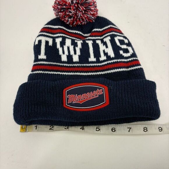 Minnesota Twins Winter Hat Navy Blue & Red Pom Pom Cuffed Hat - Picture 5 of 5